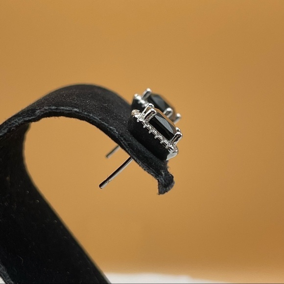 925 Sterling Silver Cushion Cut Black Onyx Diamond Halo Elegant Stud Earrings - Picture 10 of 15